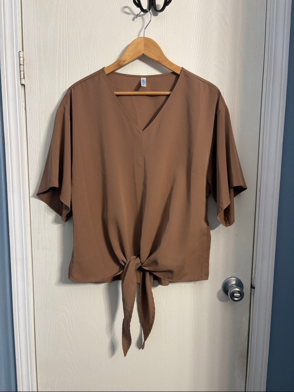 V-Neck Tie-Front Blouse in Brown